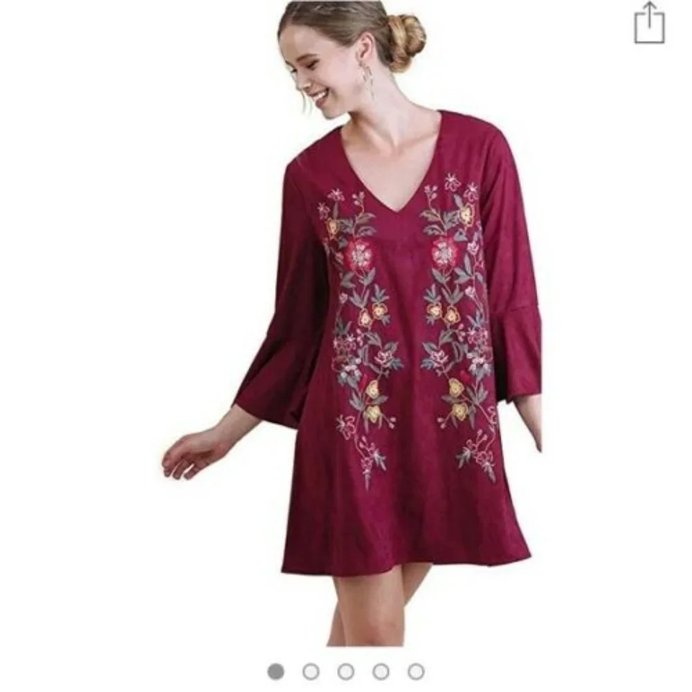 ✨2/$20 Altar'd State Velvet Floral Boho Tunic Dress Bell Sleeve Medium H11619 - Picture 3 of 12